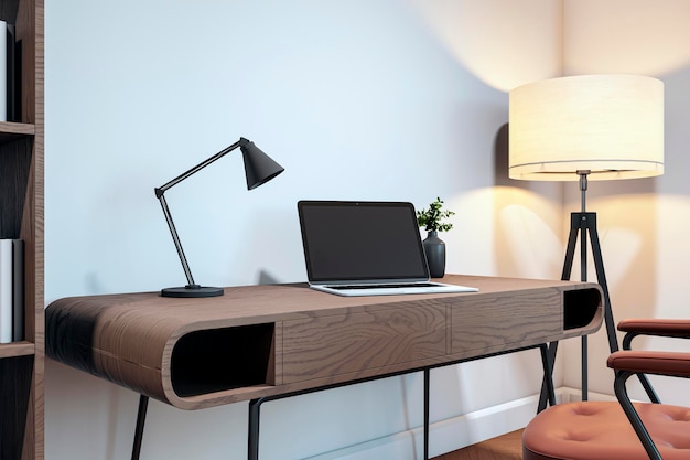 Moderne Arbeitsfläche mit hölzernem Schreibtisch, Laptop, schwarzer Lampe und Stuhl in gemütlicher Ecke mit warmer Beleuchtung und Bücherregal 3D-Rendering