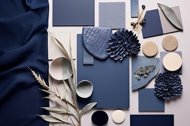 Moderne architektonische Inspiration in Grau und Marineblau, ästhetische Flachlage mit Lamellenscheibe aus Textilfarbe