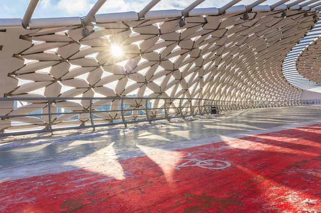 Moderne architektonische urbanistische Atyrau-Fischbrücke über den Ishim-Fluss Fußgängerbrücke