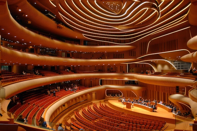 Moderne Architektur eines großen Auditoriums mit gekrümmten Holzwänden und Decke