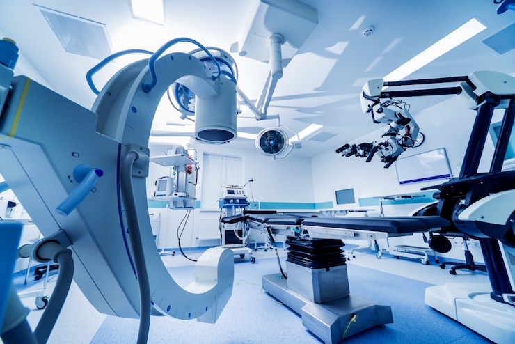 Foto moderne ausstattung im operationssaal. medizinprodukte für die neurochirurgie.