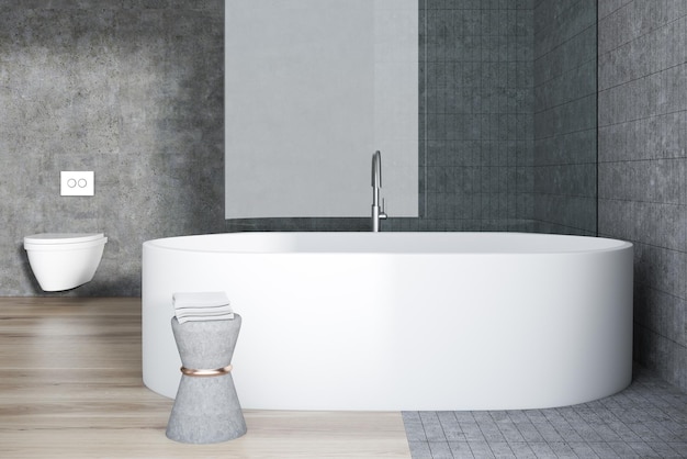 Moderne Badezimmereinrichtung mit Betonwänden, einer Toilette, einem Holzboden und einer weißen Badewanne. 3D-Rendering-Attrappe