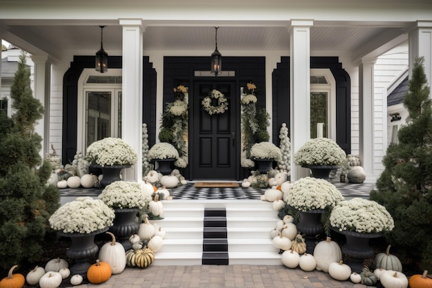 Moderne Bauernhaus-Verandadekoration im Herbst. Stilvoller schwarz-weißer Eingangsbereich, dekoriert für die Herbstsaison