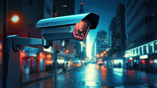 Moderne Überwachungskamera an einem Gebäude in einer Stadt in der Nacht