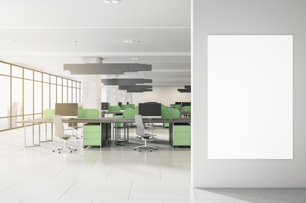 Moderne Beton-Coworking-Bürointerieur mit leerem Mock-up-Banner Panoramablick über die Stadt Sonnenlicht Möbel Ausrüstung Tageslicht und Technologie Arbeitsplatz und Unternehmen Konzept 3D-Rendering