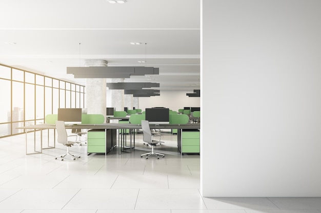 Moderne Beton-Coworking-Bürointerieur mit leerem Mock-up-Platz Panoramablick auf die Stadt Sonnenlicht Möbel Ausrüstung Tageslicht und Technologie Arbeitsplatz und Unternehmen Konzept 3D-Rendering