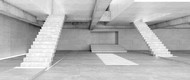 Moderne Betonraumbodenwand und Treppe sind Betonkonstruktionen Leerer Raum mit Wandhintergrund Licht und Schatten auf dem Boden Konzept Industrieraum und Lagerstruktur 3D-Rendering