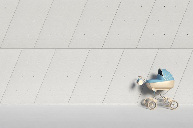 Moderne blaue Kinderwagen, Kinderwagen, Kinderwagen vor Industriegebäude Außenplatten Betonwand extreme Nahaufnahme. 3D-Rendering