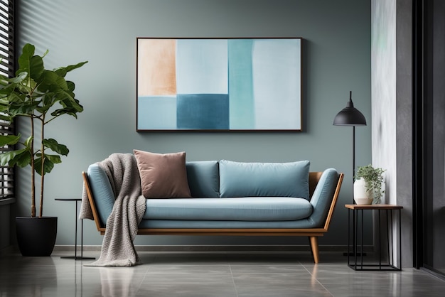 Moderne blaue minimalistische Wohnzimmer-Innenarchitektur