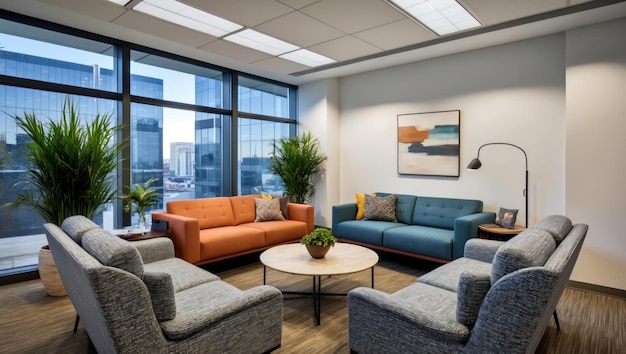 Moderne Büro-Lounge mit stilvollen Sofas und Blick auf die Stadt beim Sonnenuntergang