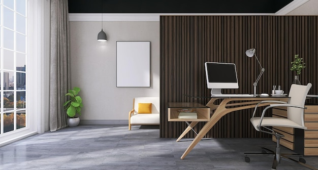 Moderne Büro-Wohnzimmer-Innenarchitektur-Szene mit leerem Plakatrahmen-Mockup-Computertisch