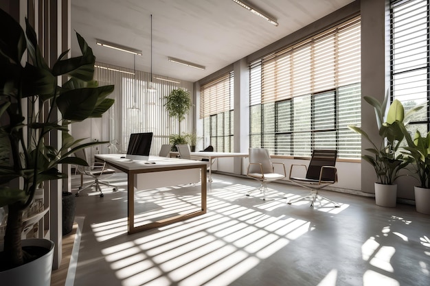 Moderne Büroeinrichtung mit eleganten Möbeln und viel natürlichem Licht und generativer KI