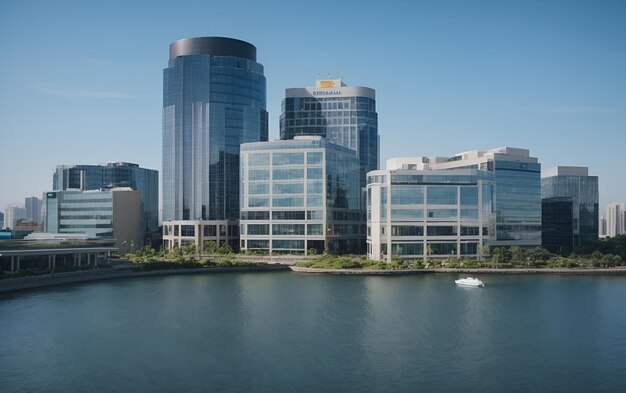 Moderne Bürogebäude am Ufer des Flusses in Osaka, Japan