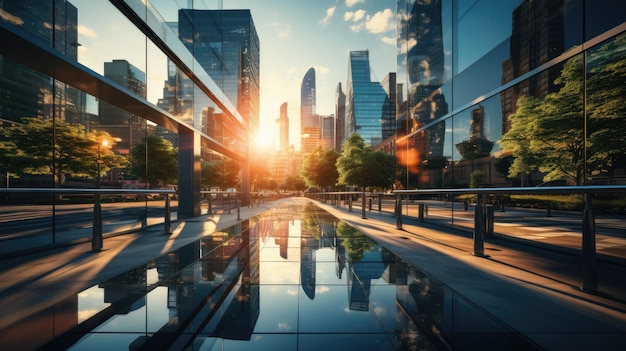 moderne Bürogebäude mit großen reflektierenden Fenstern im sanften Sonnenlicht