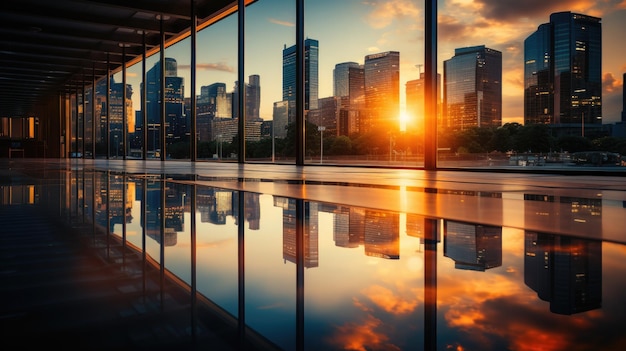 moderne Bürogebäude mit großen reflektierenden Fenstern im sanften Sonnenlicht