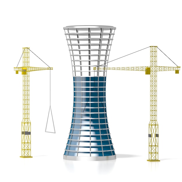 Moderne Bürogebäude und Baukräne 3D-Darstellung