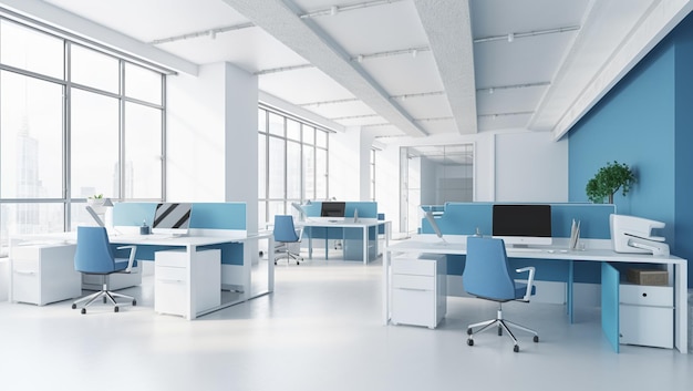 Moderne Büroräume mit Desktops mit modernen Computern, die mit generativer KI-Technologie erstellt wurden