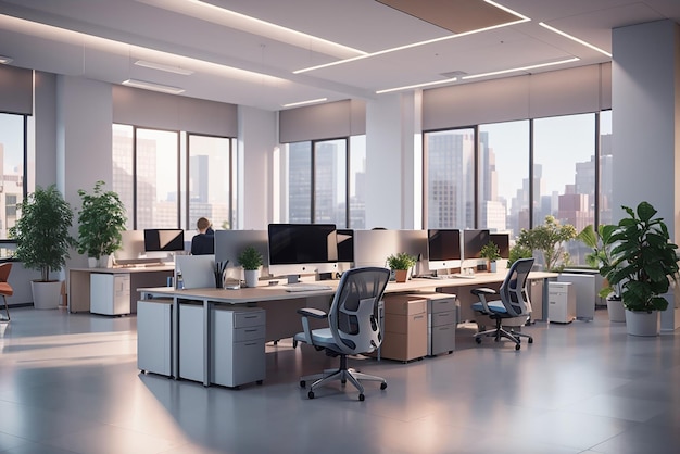 Moderne Büroräume mit Desktops mit modernen Computern, die mit generativer KI-Technologie erstellt wurden