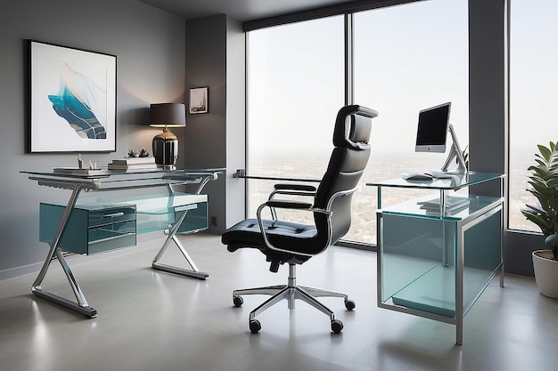Foto moderne büroräume mit einem glasschreibtisch und einem ergonomischen stuhl