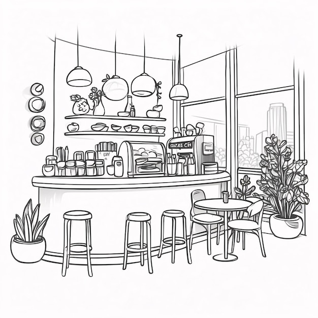 Foto moderne café-linienkunst auf weißem hintergrund handgezeichnetes malbuch-illustration