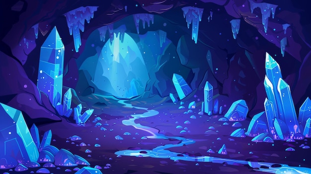 Moderne Cartoon-Illustration einer dunklen unterirdischen Mine mit Mineralsteinen an den Wänden Wasserpfützen auf dem Boden Schatzgrotte Schmuck Bergbau Kerker und ein Spiel Hintergrund