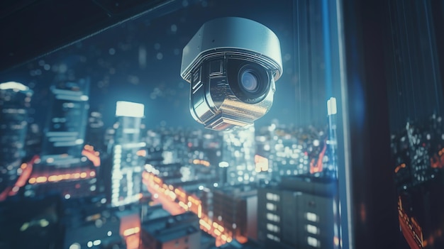 Moderne CCTV-Kamera über Stadtbildhintergrund mit Doppelbelichtung der Cyber-Sicherheitsschnittstelle Generative KI