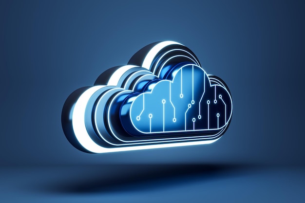 Moderne Cloud-Technologie-Symbol mit einem digitalen Schaltkreis-Design auf blauem Hintergrund 3D-Rendering