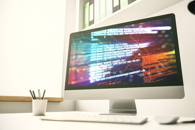 Moderne Computer-Anzeige mit abstrakter Software-Entwicklung Hologrammforschung und Analyse Konzept 3D-Rendering