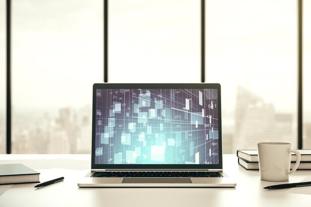 Moderne Computeranzeige mit abstrakten grafischen Daten Tabellenkalkulationsskizzen Analyse- und Analysekonzept 3D-Rendering