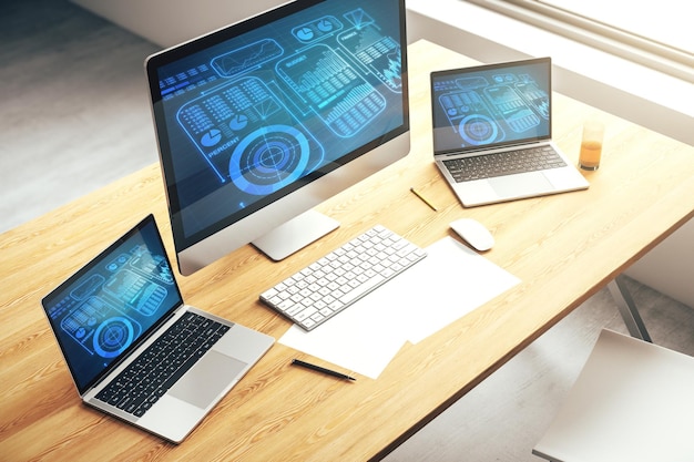 Moderne Computeranzeige mit abstrakten grafischen Daten Tabellenkalkulationsskizzen Analyse- und Analysekonzept 3D-Rendering