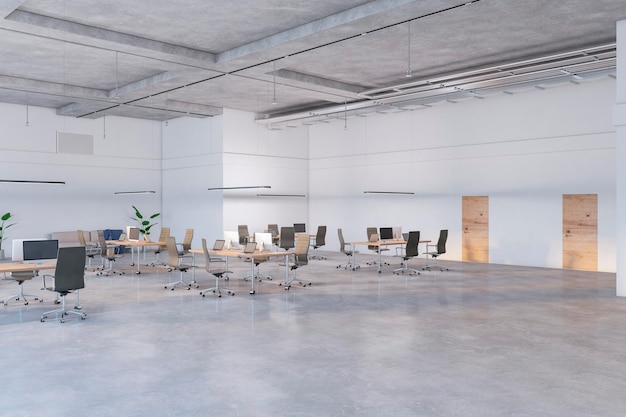 Moderne Coworking-Büroeinrichtung aus Holz mit Möbeln Kommerzielles Konzept 3D-Rendering