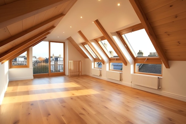 Foto moderne dachgaubenumbau-inneneinrichtung in einer wohnung oder einem haus im britischen luxus-dreieckszimmer im dachgeschoss