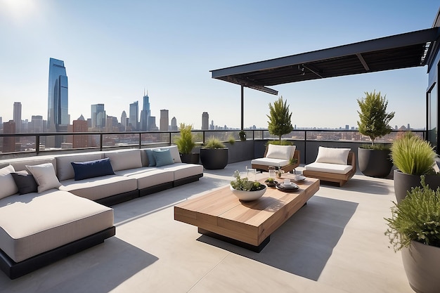 Foto moderne dachterrasse mit sitzgelegenheiten im freien und blick auf die skyline