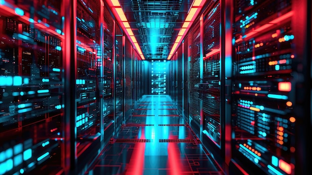 Foto moderne datenserver-racks im dunklen raum-technologie-hintergrund