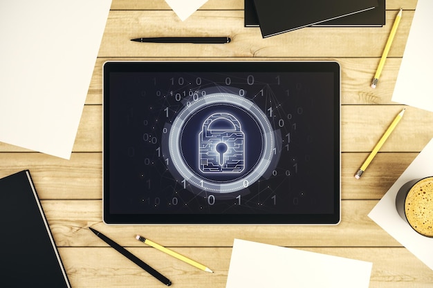 Moderne digitale Tablet-Anzeige mit kreativer Light-Lock-Illustration und Mikroschaltkreis-Cyber-Sicherheitskonzept Top-View 3D-Rendering