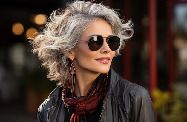 Moderne Frau mittleren Alters mit grauem Haar, modischer Sonnenbrille und lächelnd