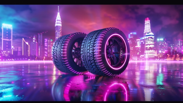 Moderne futuristische Reifen-Werbemodell mit Neonstrahl-Licht-Effekt auf dem Stadtbild-Hintergrund Konzept von Hochgeschwindigkeits-Qualitätsreifen
