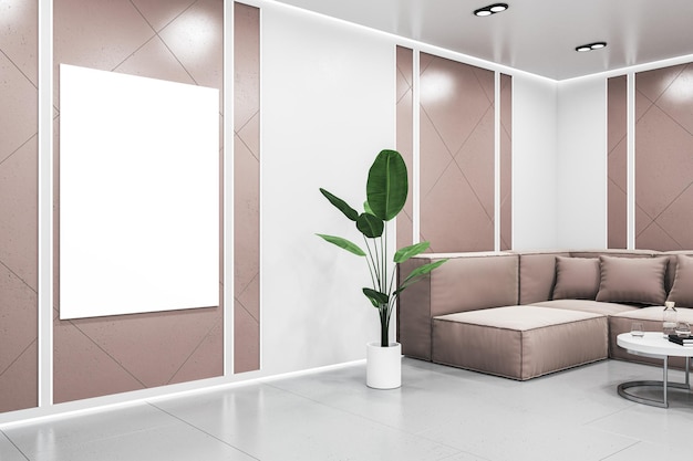 Moderne geflieste Wohnzimmereinrichtung mit leerem weißem Banner-Couchtisch und dekorativen Pflanzen 3D-Rendering