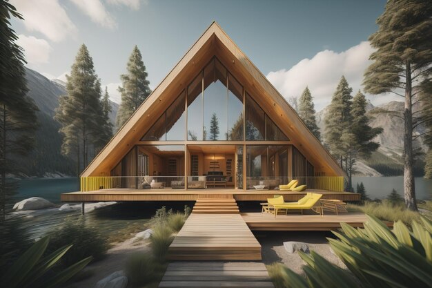 moderne gemütliche Chalet mit Pool und Parkplatz zum Verkauf oder Verleih Luxushaus im Wald ai generative