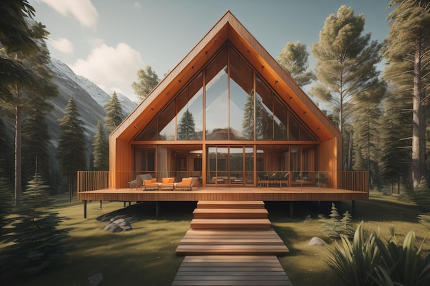 moderne gemütliche Chalet mit Pool und Parkplatz zum Verkauf oder Verleih Luxushaus im Wald ai generative