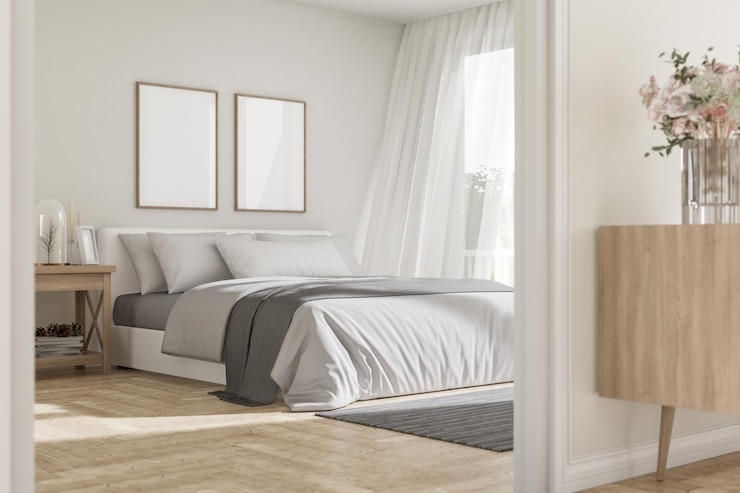 Foto moderne, gemütliche, weiße schlafzimmeransicht von außen durch die tür 3d-rendering