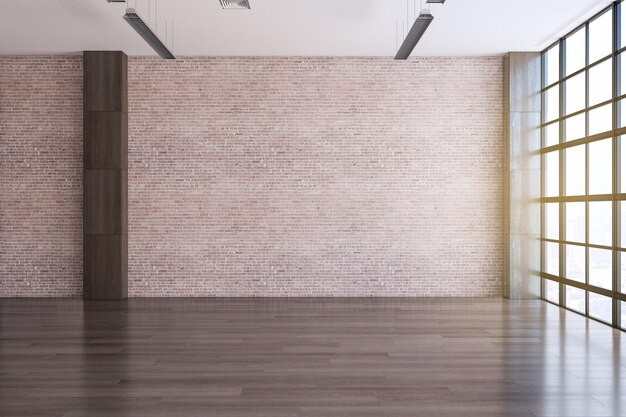 Moderne, geräumige, leere Büroeinrichtung mit glänzendem Holzboden, leere Attrappe an einer Ziegelwand und Fenster mit Blick auf die Stadt und 3D-Rendering bei Tageslicht