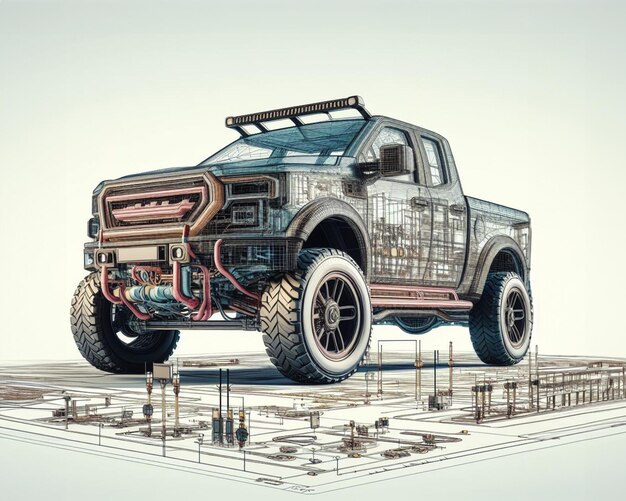 Moderne Gestaltung von Truck Pickup Monster SUV 4x4 leistungsstarke Fahrzeug-Power-Schematik-Illustration