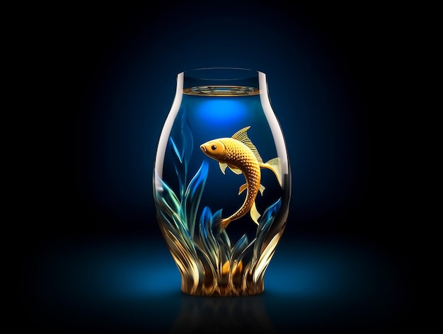 Moderne Glasvase mit vollem Wasser und leuchtendem Halo-Fisch im Vasenstil in Gold und Blau