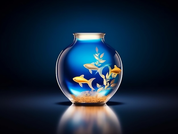 Moderne Glasvase mit vollem Wasser und leuchtendem Halo-Fisch im Vasenstil in Gold und Blau