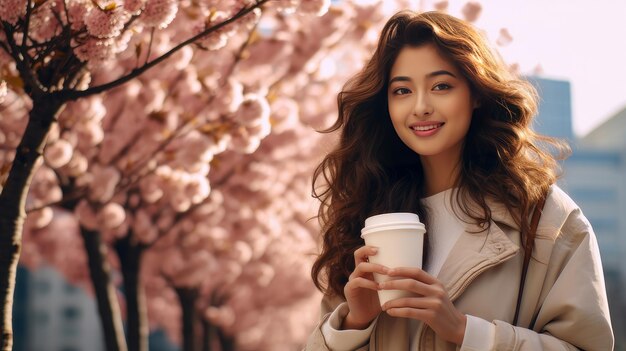 Moderne, glückliche, lächelnde junge asiatische Studentin mit einer Tasse Kaffee vor dem Hintergrund von rosa Kirschen.