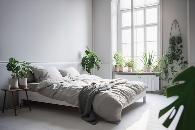 Moderne graue Schlafzimmereinrichtung und Grünpflanzen, erstellt mit generativer KI-Technologie