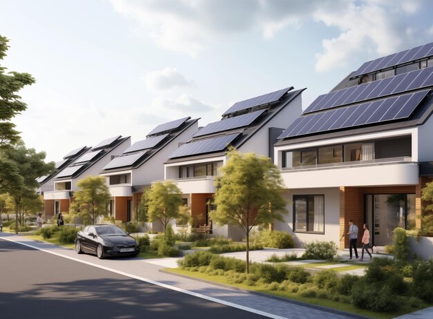 Moderne Häuser mit umweltfreundlichen Solarpanels dominieren die Szene, während ein anspruchsvolles Fahrzeug einen