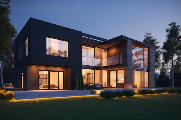 Moderne Haus-Außen-Abendansicht mit Innenbeleuchtung KI-generierte Illustration