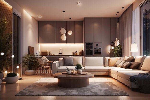 Moderne Hausinterieur-Nachtbeleuchtung 3D-Rendering